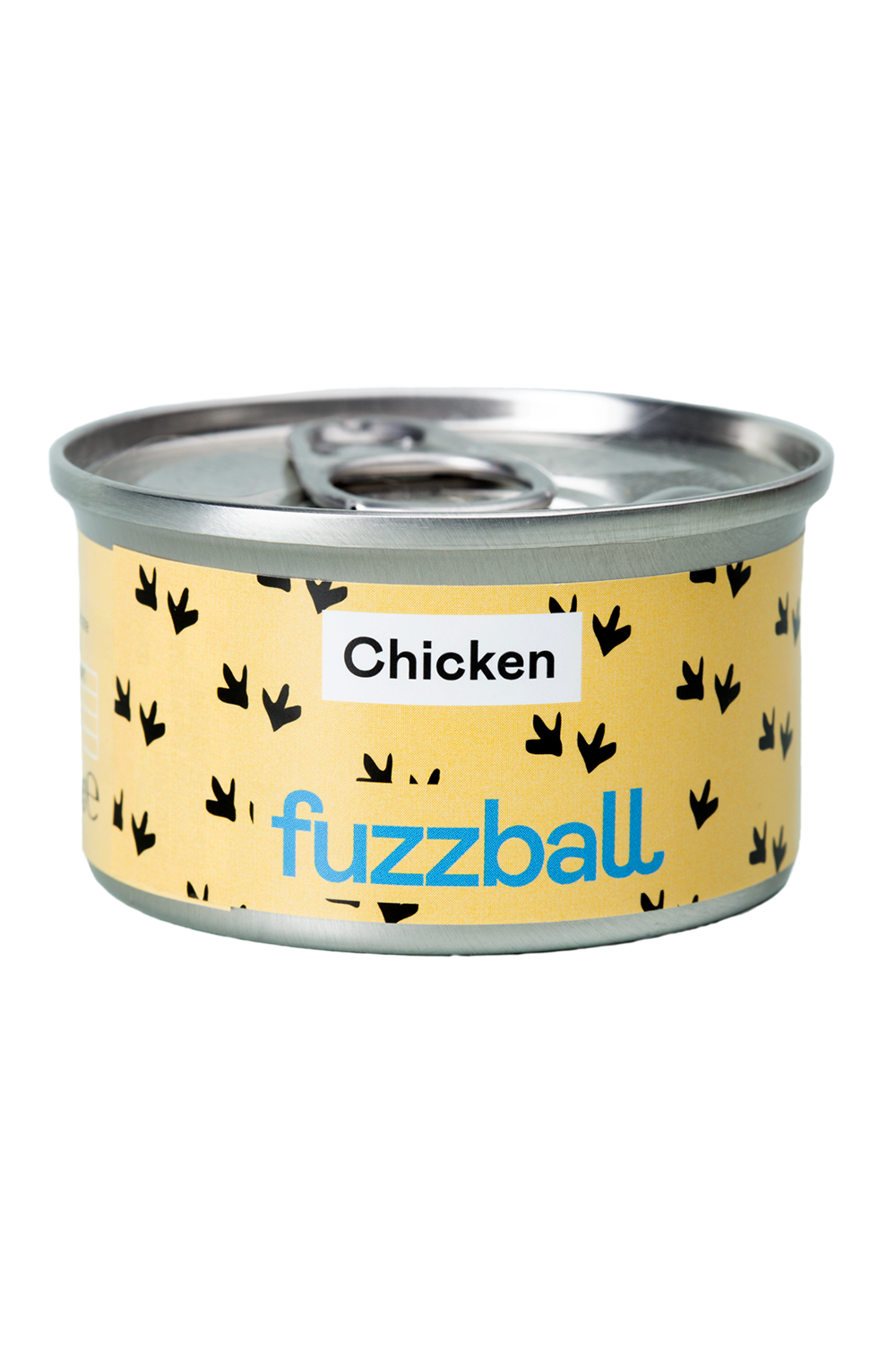 A can of Fuzzball cat food with a yellow label featuring black silhouette illustrations of chicken and the brand name.